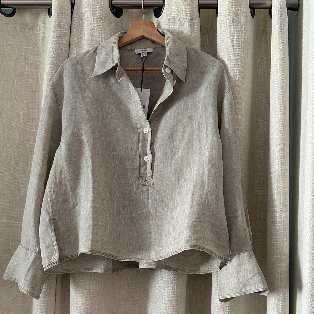 Reiss Light Green Linen Button-Front High Low Shirt NWT